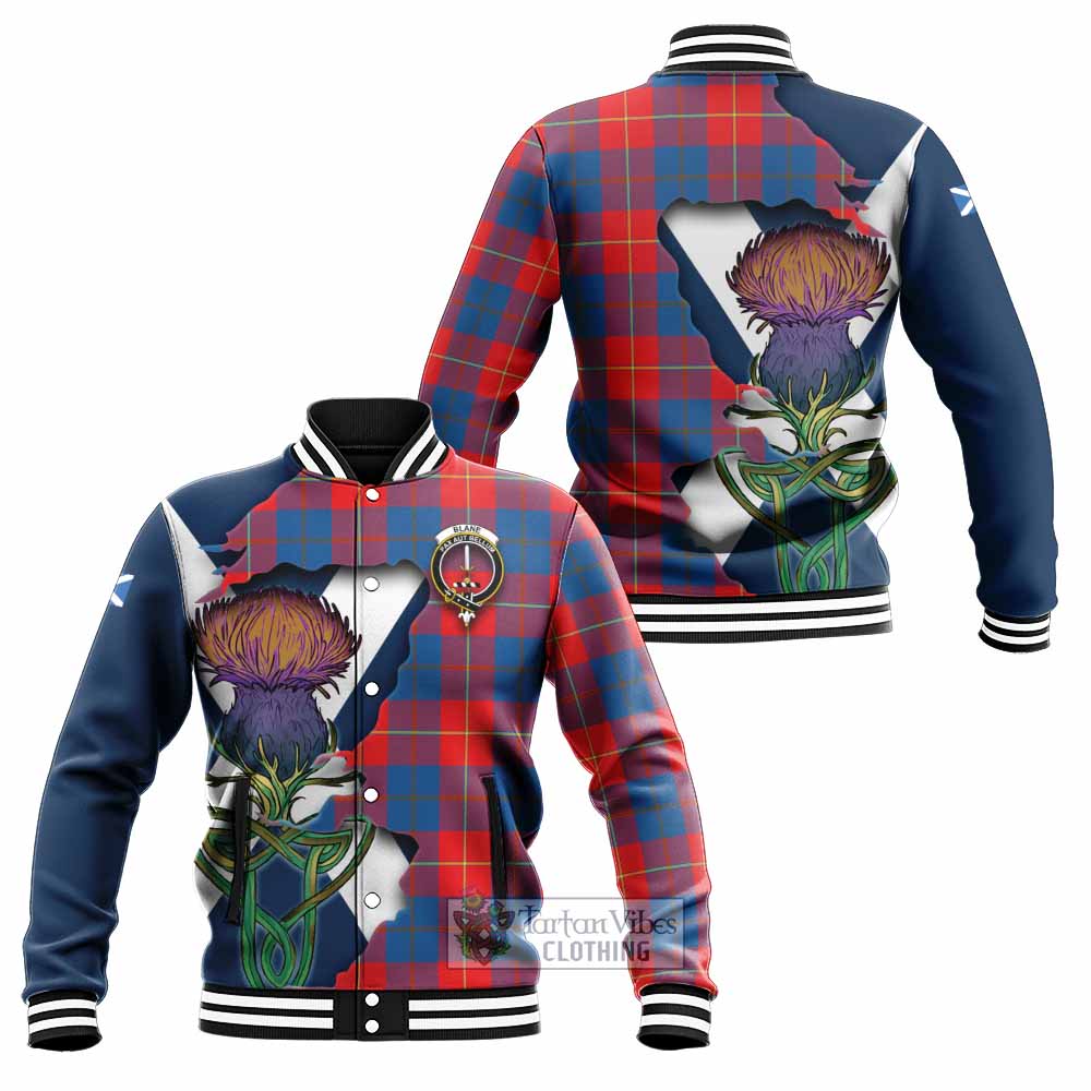 Tartan Vibes Clothing Blane Tartan Family Crest Baseball Jacket Scottish Thistle Celtic Inspired