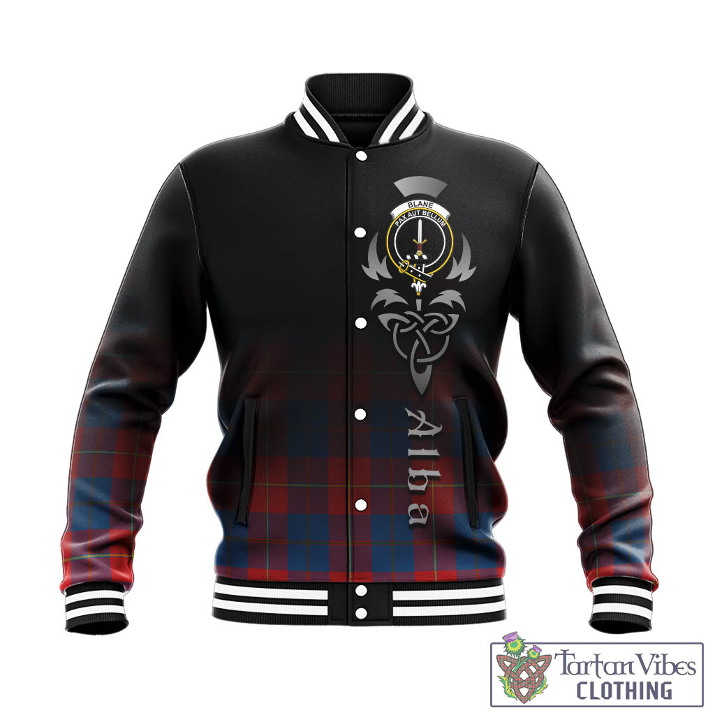 Tartan Vibes Clothing Blane Tartan Baseball Jacket Featuring Alba Gu Brath Family Crest Celtic Inspired