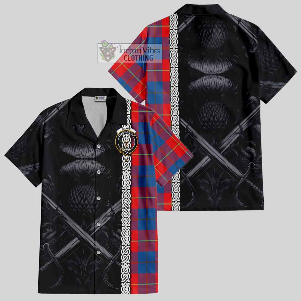 Blane Tartan Hawaiian Shirt with Family Crest Cross Sword Thistle Celtic Vibes - Tartan Vibes Clothing