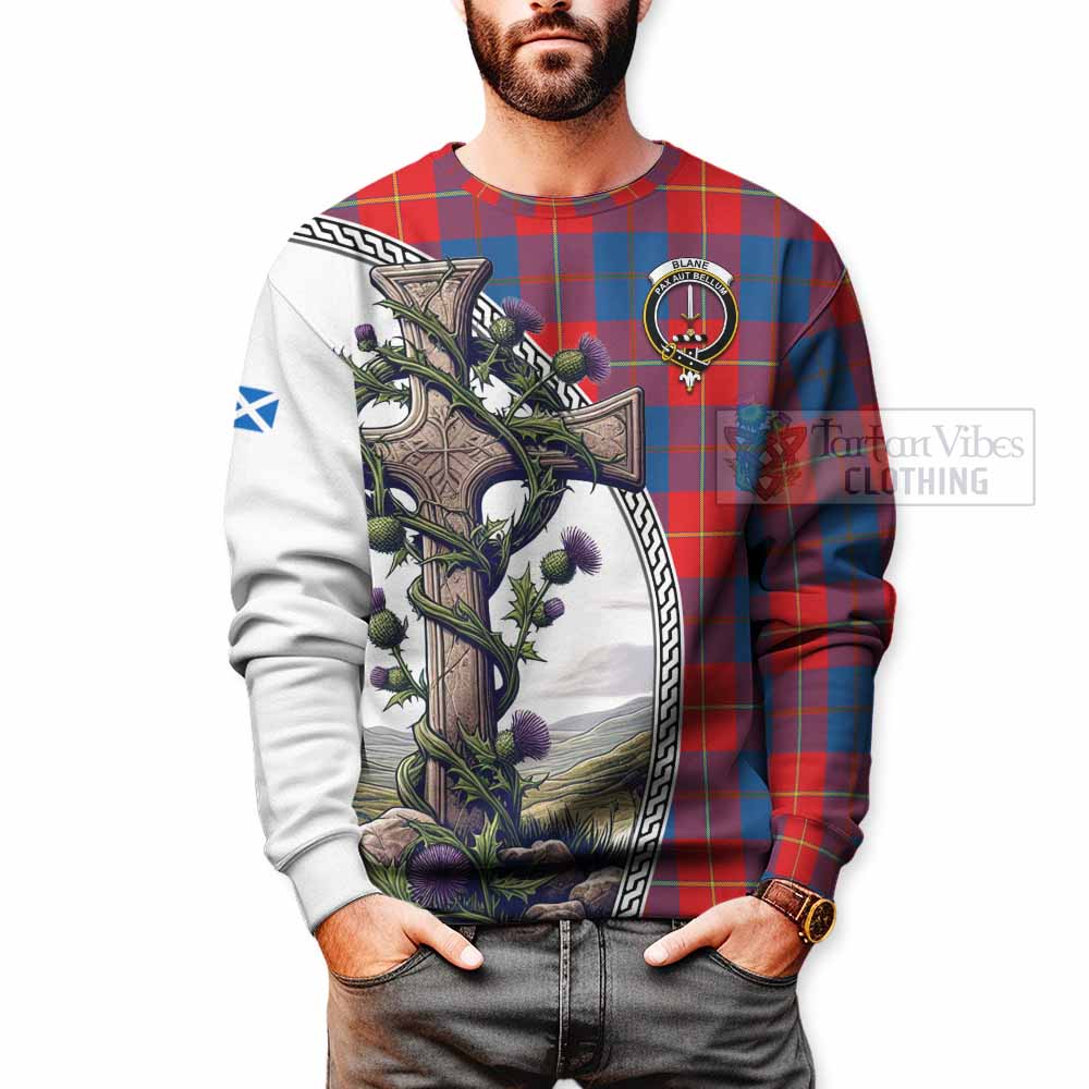 Blane Tartan Sweatshirt with Family Crest and St. Andrew's Cross Accented by Thistle Vines - Tartan Vibes Clothing