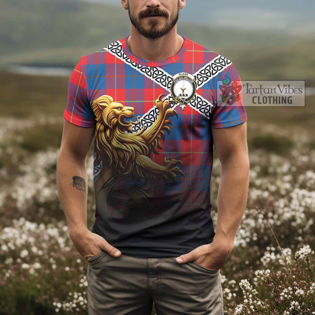 Blane Crest Tartan T-Shirt with Golden Lion Emblem Celtic Style - Tartan Vibes Clothing