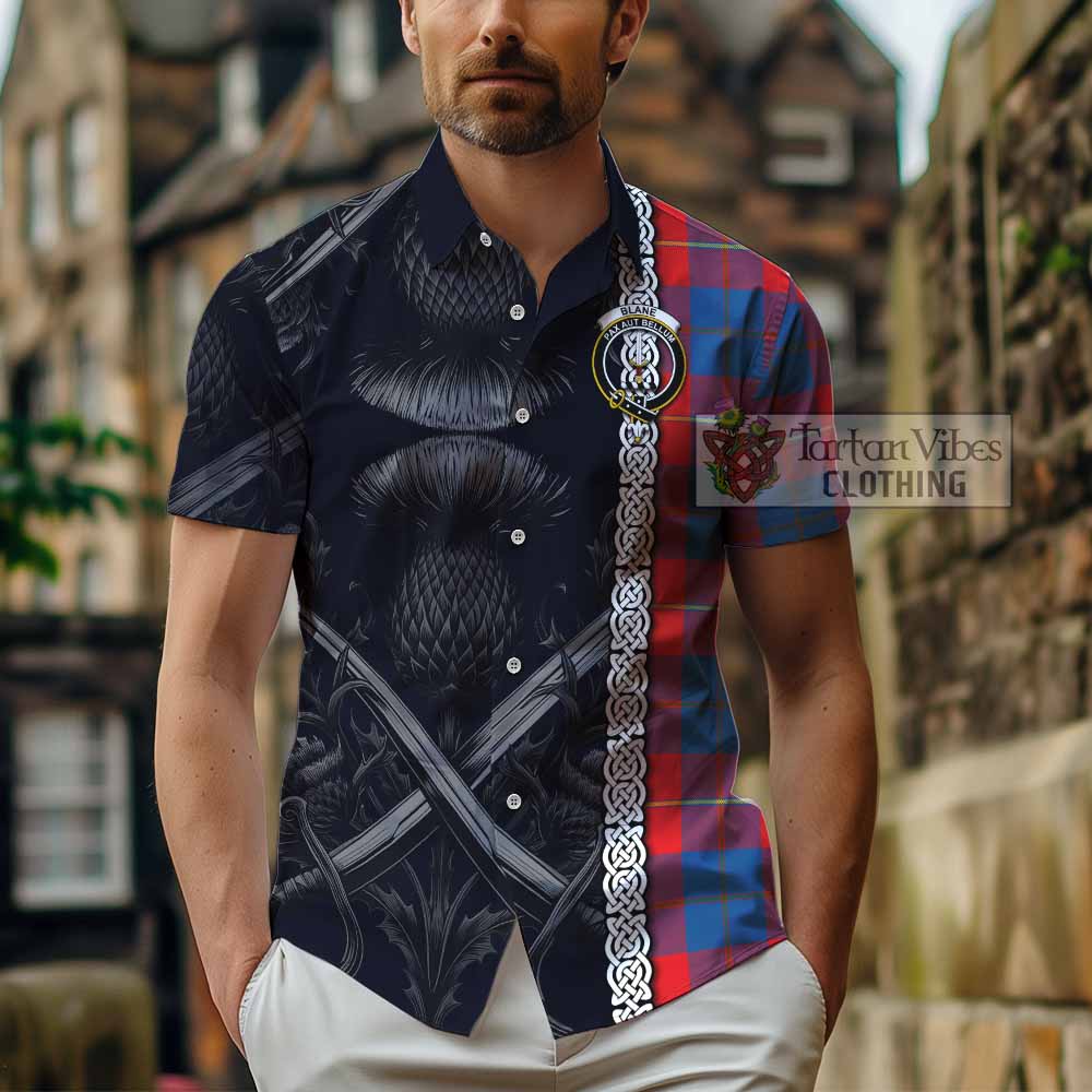 Blane Tartan Hawaiian Shirt with Family Crest Cross Sword Thistle Celtic Vibes - Tartan Vibes Clothing