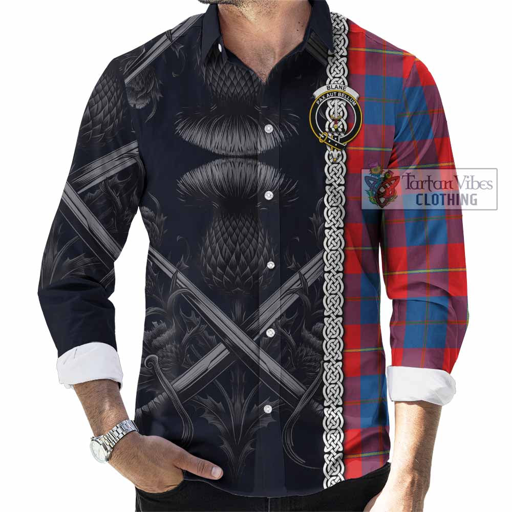 Tartan Vibes Clothing Blane Tartan Long Sleeve Button Shirt with Family Crest Cross Sword Thistle Celtic Vibes