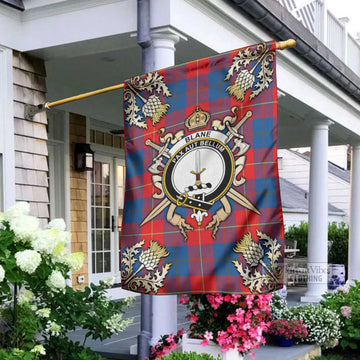 Tartan Vibes Clothing Blane Tartan Flag with Family Crest and Golden Thistle Crossed Sword Design