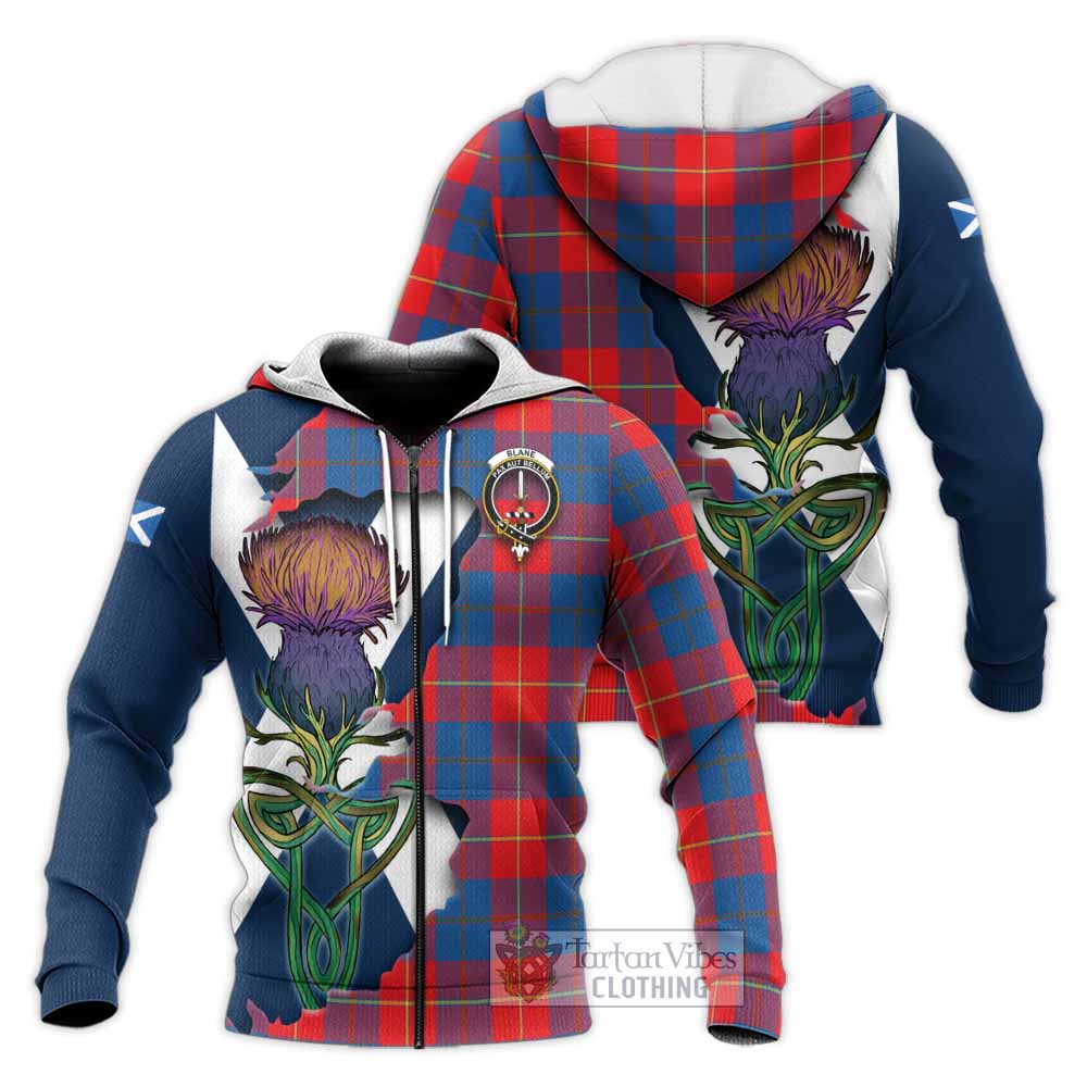 Tartan Vibes Clothing Blane Tartan Family Crest Knitted Hoodie Scottish Thistle Celtic Inspired