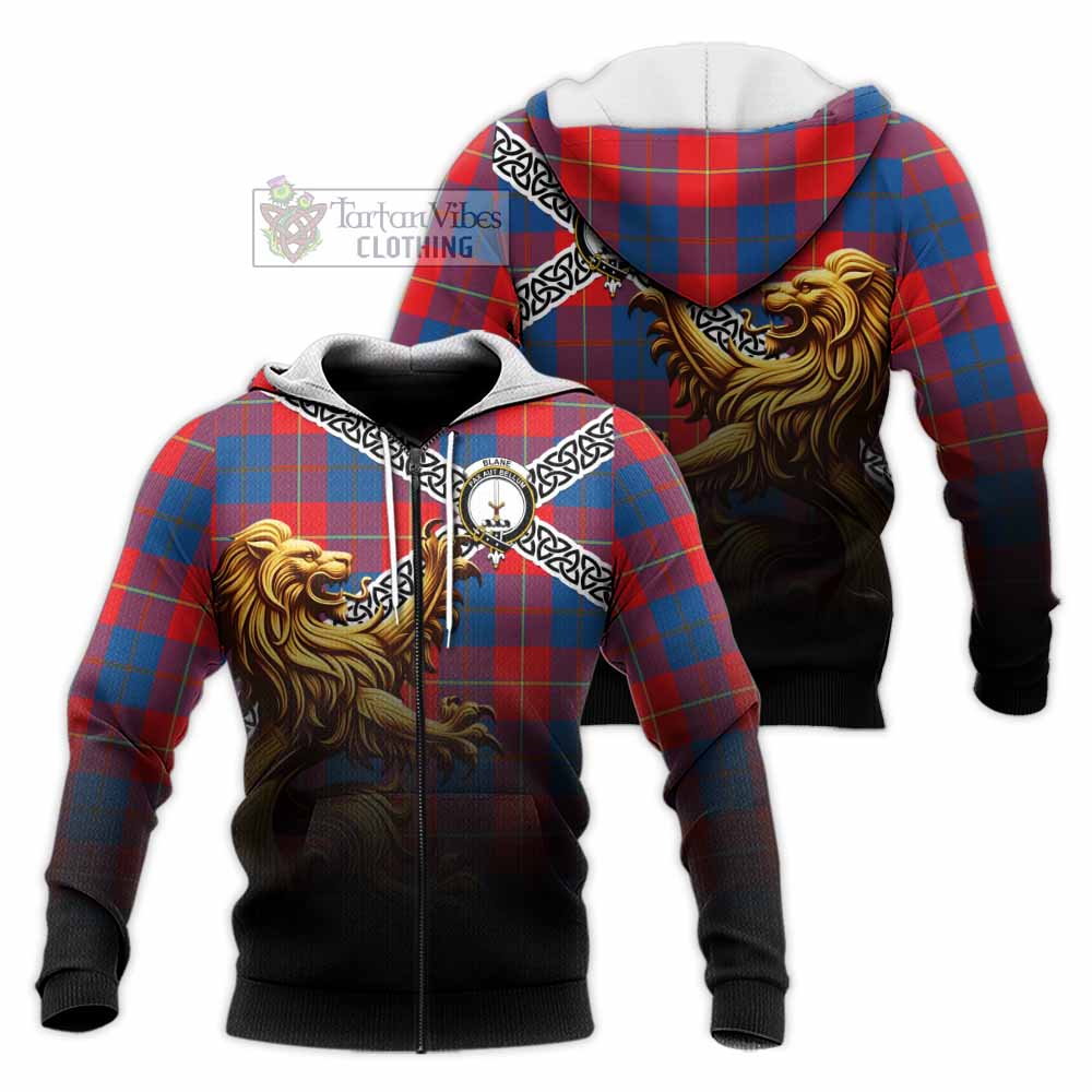 Blane Crest Tartan Knitted Hoodie with Golden Lion Emblem Celtic Style Unisex Knitted Zip Hoodie - Tartan Vibes Clothing