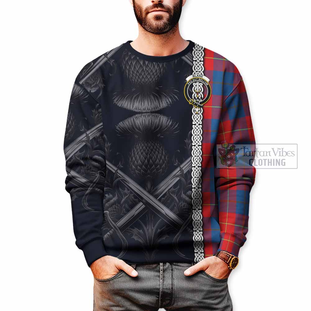 Blane Tartan Sweatshirt with Family Crest Cross Sword Thistle Celtic Vibes - Tartan Vibes Clothing