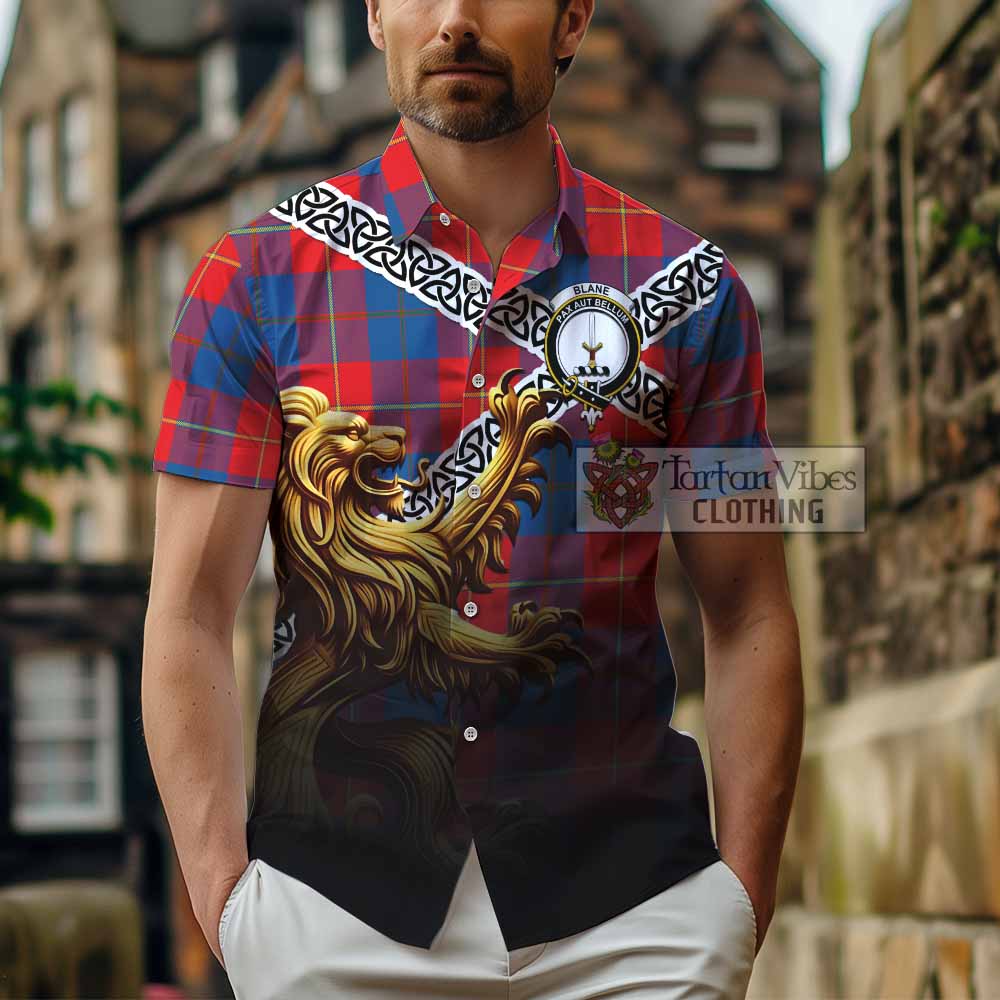Blane Crest Tartan Hawaiian Shirt with Golden Lion Emblem Celtic Style - Tartan Vibes Clothing