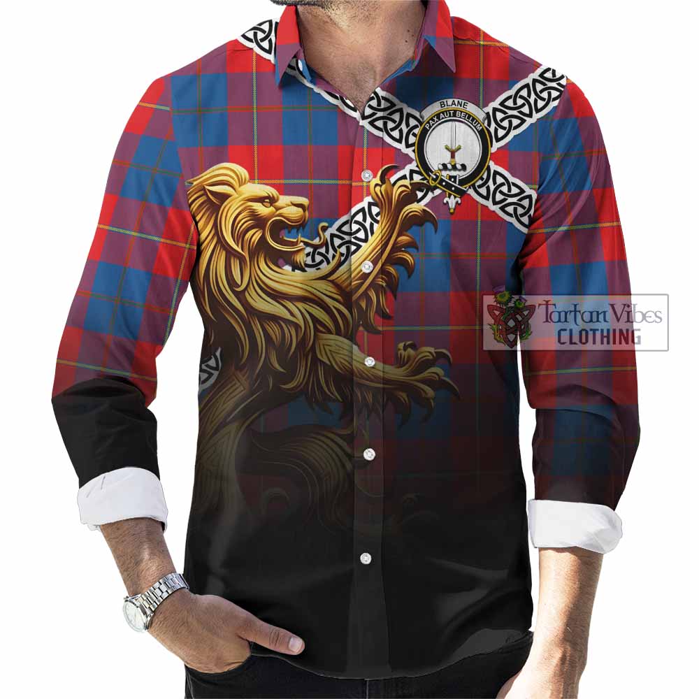 Blane Crest Tartan Long Sleeve Button Shirt with Golden Lion Emblem Celtic Style - Tartan Vibes Clothing