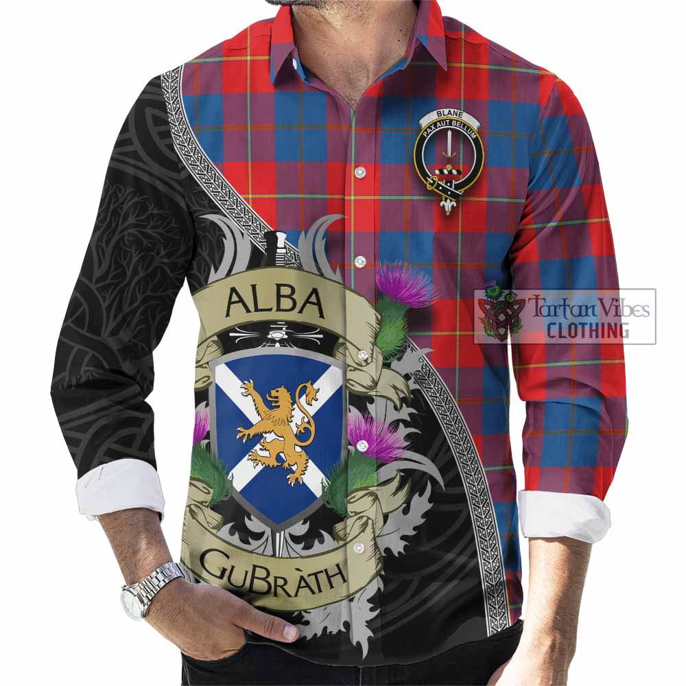 Blane Tartan Family Crest Long Sleeve Button Shirt Lion Rampant Royal Thistle Shield Celtic Inspired - Tartan Vibes Clothing