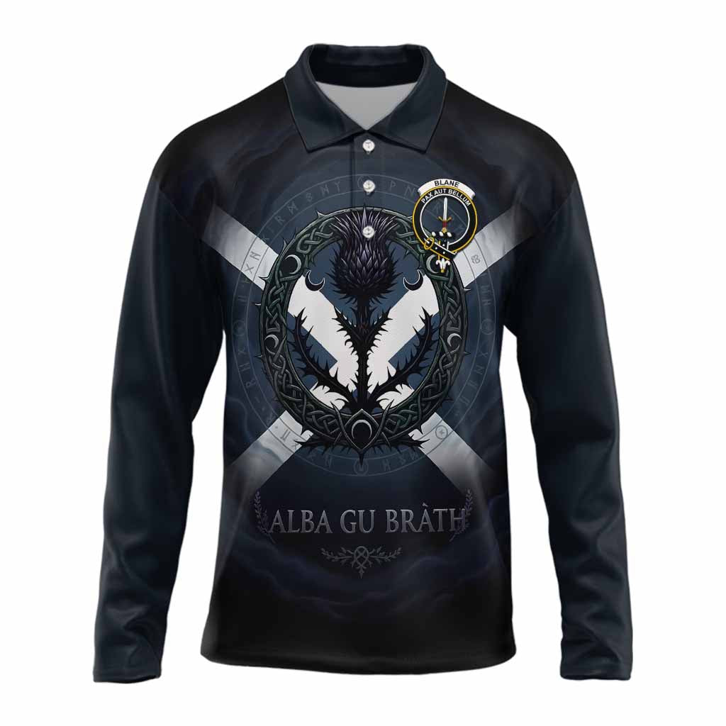 Blane Clan Crest Long Sleeve Polo Shirt with Celtic Knot Thistle and Saltire