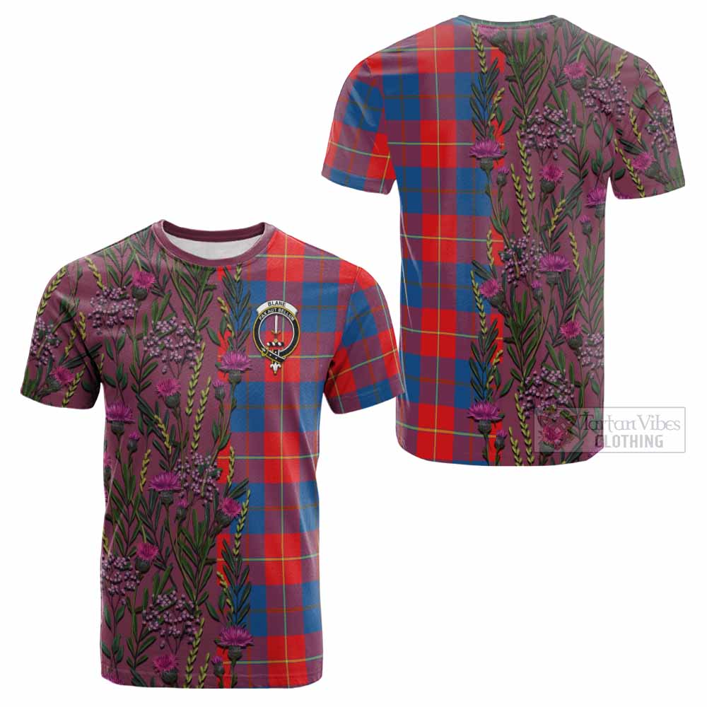 Blane Family Crest Tartan Cotton T-shirt Scottish Thistle Flower Pattern Half Style - Tartan Vibes Clothing