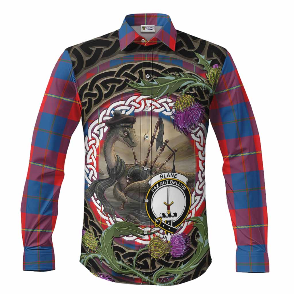 Blane Tartan Crest Bagpipe Nessie Long Sleeve Button Shirts Scottish Loch Ness Monster Celtic Thistle