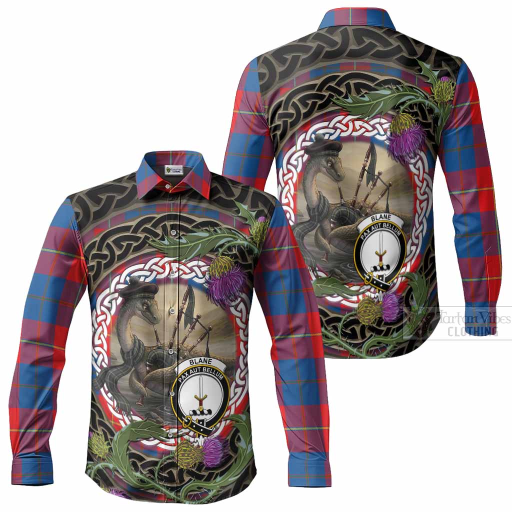 Blane Tartan Crest Bagpipe Nessie Long Sleeve Button Shirts Scottish Loch Ness Monster Celtic Thistle