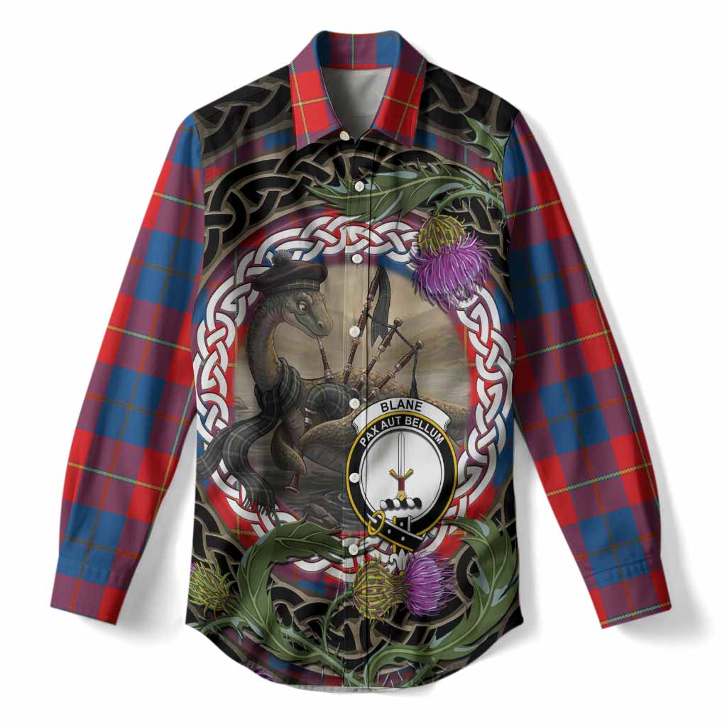 Blane Tartan Crest Bagpipe Nessie Women Casual Shirt Scottish Loch Ness Monster Celtic Thistle