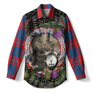 Blane Tartan Crest Bagpipe Nessie Women Casual Shirt Scottish Loch Ness Monster Celtic Thistle