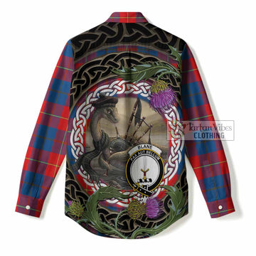 Blane Tartan Crest Bagpipe Nessie Women Casual Shirt Scottish Loch Ness Monster Celtic Thistle