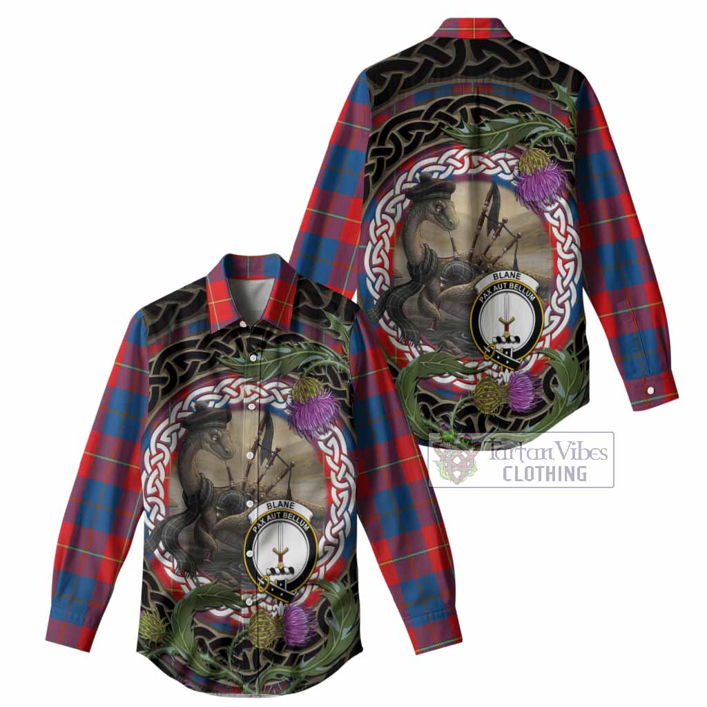 Blane Tartan Crest Bagpipe Nessie Women Casual Shirt Scottish Loch Ness Monster Celtic Thistle