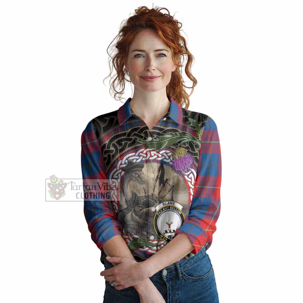 Blane Tartan Crest Bagpipe Nessie Women Casual Shirt Scottish Loch Ness Monster Celtic Thistle