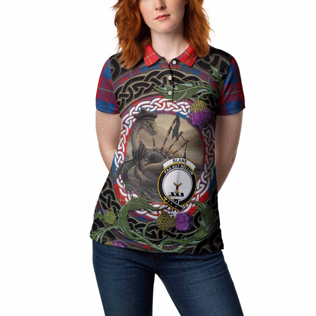 Blane Tartan Crest Bagpipe Nessie Women Polo Shirt Scottish Loch Ness Monster Celtic Thistle