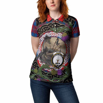 Blane Tartan Crest Bagpipe Nessie Women Polo Shirt Scottish Loch Ness Monster Celtic Thistle
