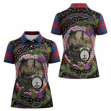 Blane Tartan Crest Bagpipe Nessie Women Polo Shirt Scottish Loch Ness Monster Celtic Thistle