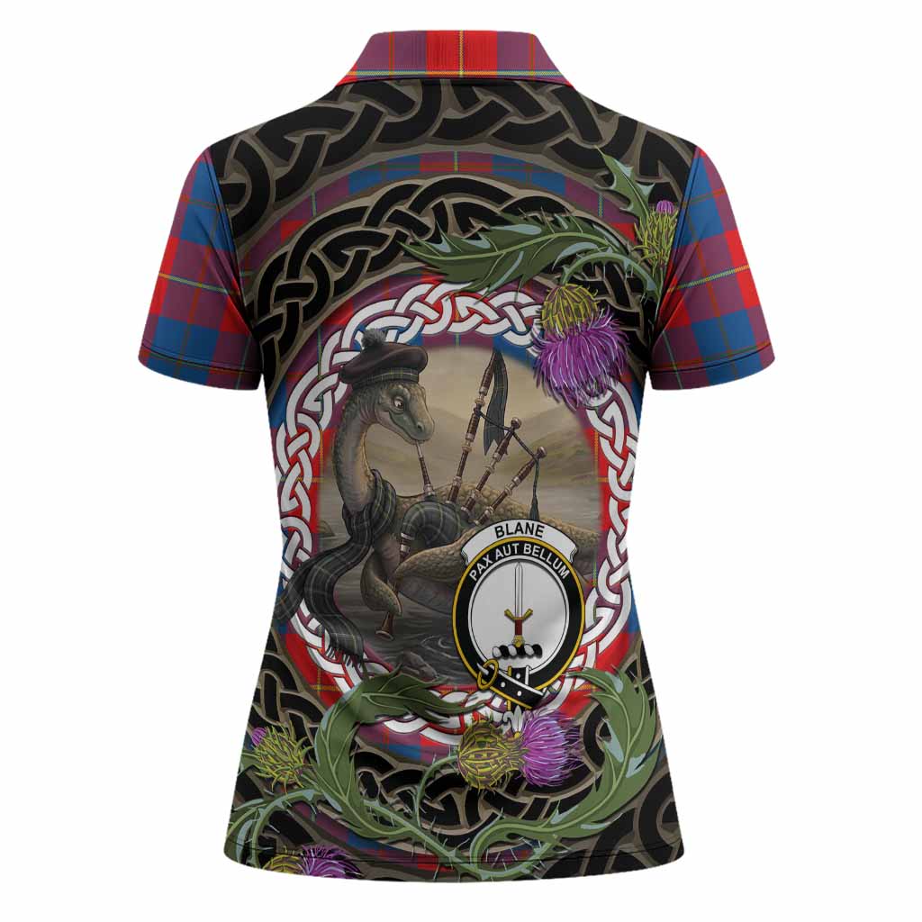 Blane Tartan Crest Bagpipe Nessie Women Polo Shirt Scottish Loch Ness Monster Celtic Thistle