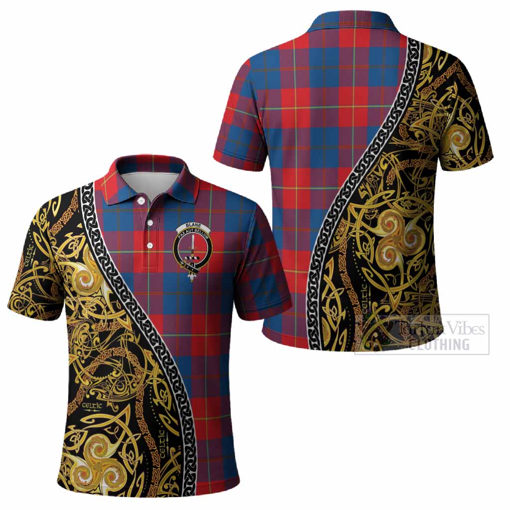 Blane Tartan Crest Polo Shirt Celtic Knot and Triple Trickle Spiral Symbols
