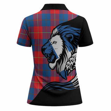 Blane Tartan Crest Women Polo Shirt Scottish Golden Lions Wave Flow