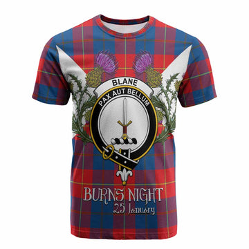 Blane Tartan Family Crest Cotton T-shirt Scottish Burns Night Thistle Floral