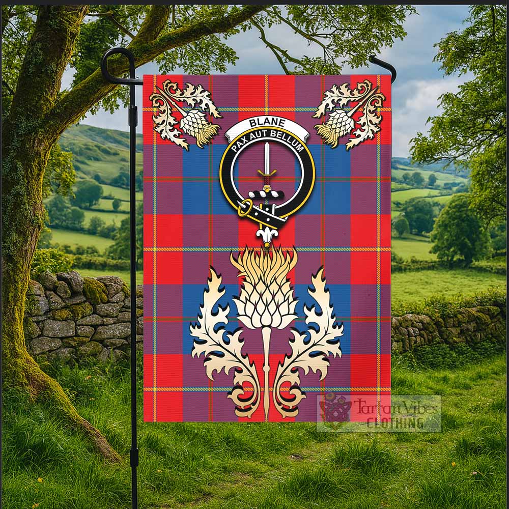 Blane Tartan Garden Flag with Golden Regal Scottish Thistle Emblem - Tartan Vibes Clothing