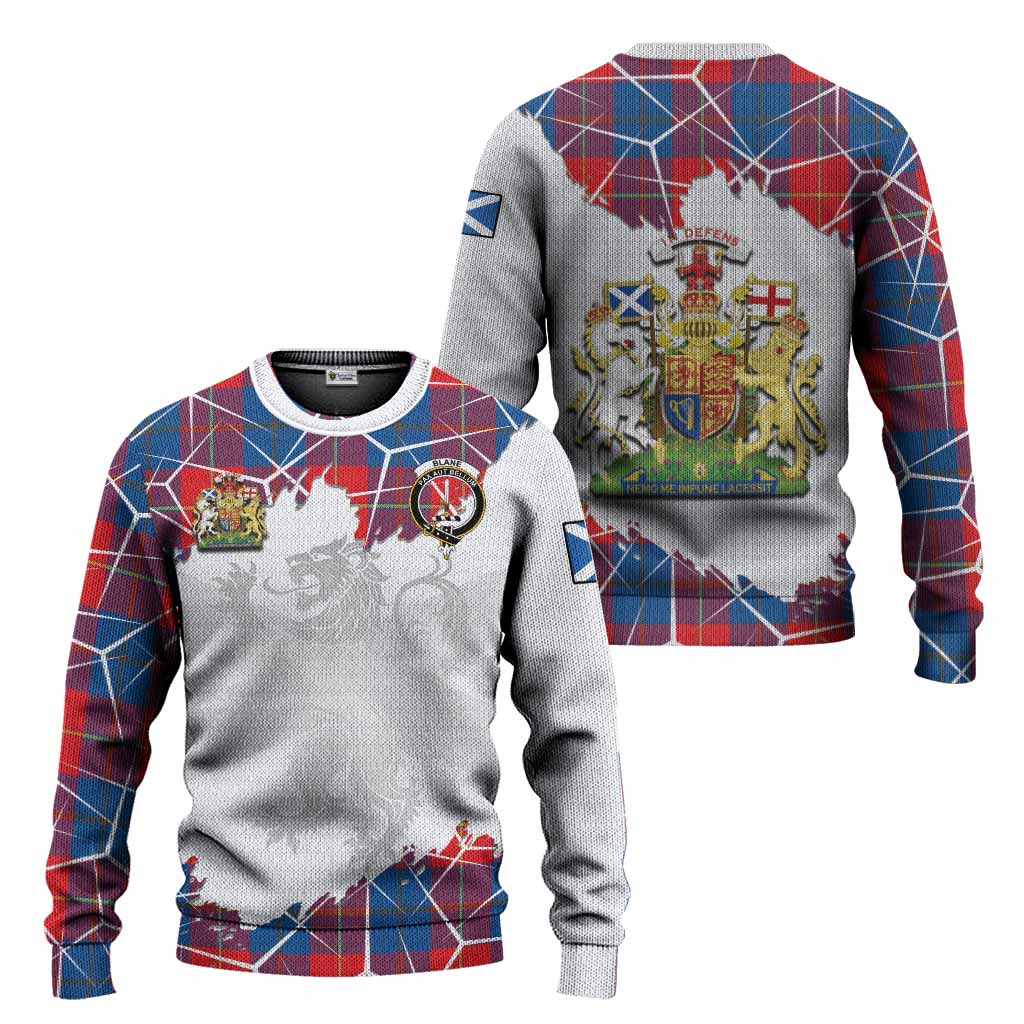 Blane Tartan Knitted Sweater with Family Crest and Lion Rampant Grunge Style