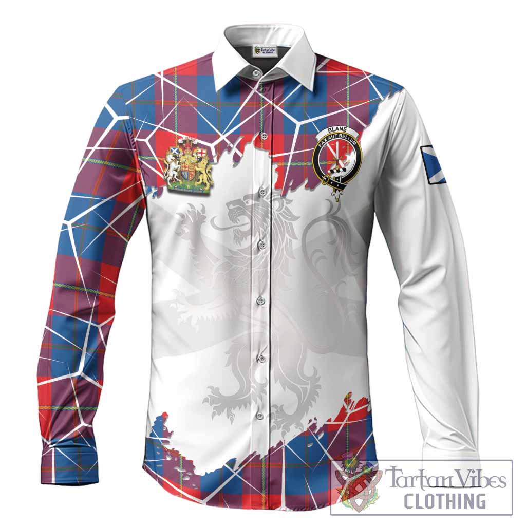 Blane Tartan Long Sleeve Button Shirts with Family Crest and Lion Rampant Grunge Style