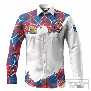 Blane Tartan Long Sleeve Button Shirts with Family Crest and Lion Rampant Grunge Style
