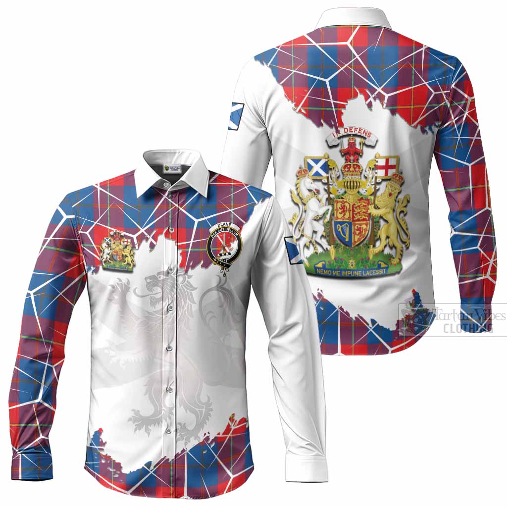 Blane Tartan Long Sleeve Button Shirts with Family Crest and Lion Rampant Grunge Style