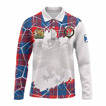 Blane Tartan Long Sleeve Polo Shirt with Family Crest and Lion Rampant Grunge Style