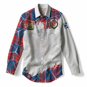 Blane Tartan Women Casual Shirt with Family Crest and Lion Rampant Grunge Style