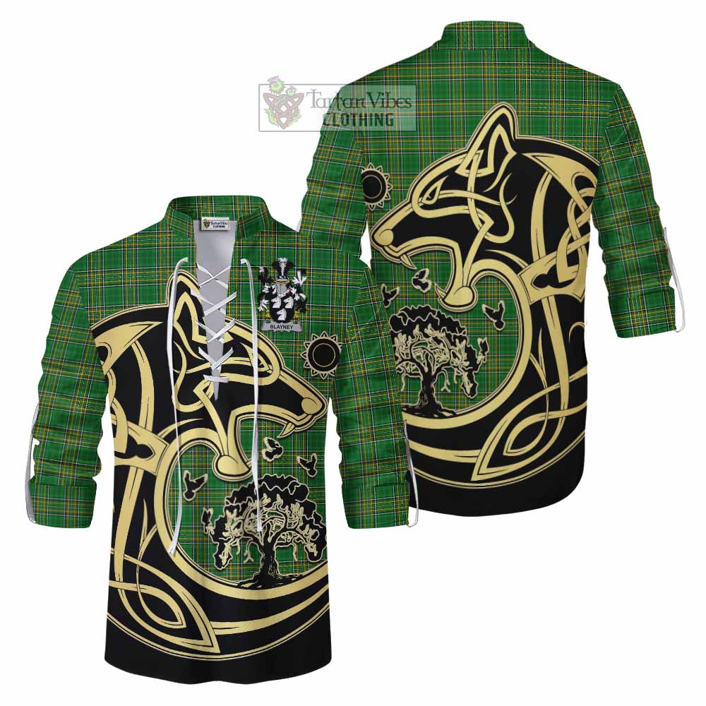 Tartan Vibes Clothing Blayney Irish Tartan Ghillie Kilt Shirt with Coat of Arms Celtic Wolf Style