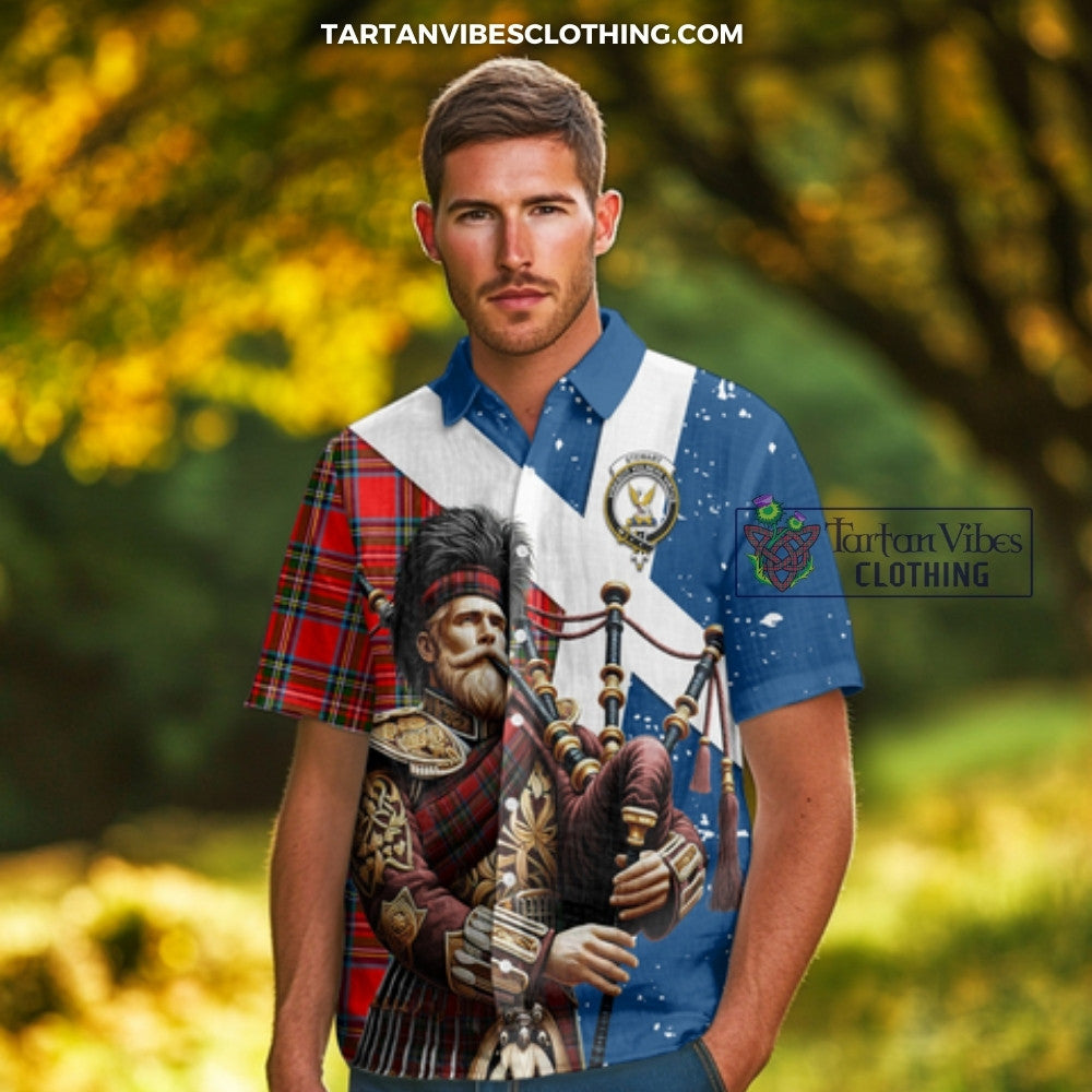 Tartan Short Sleeve Button Shirt with Family Crest Scottish Bagpiper Vibes