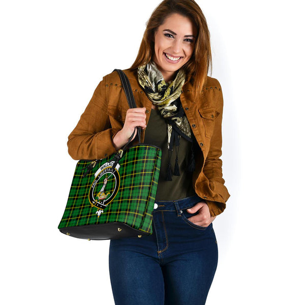 Wallace Hunting Green Tartan Leather Tote Bag with Family Crest