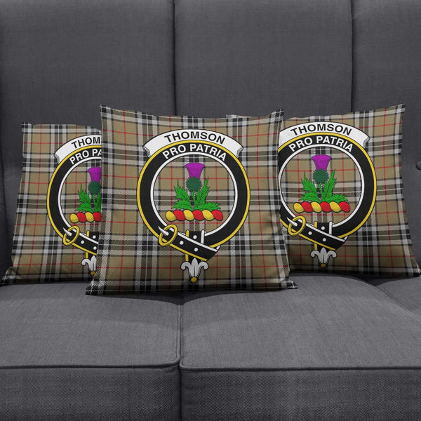Thomson Camel Tartan Pillow Cover with Family Crest