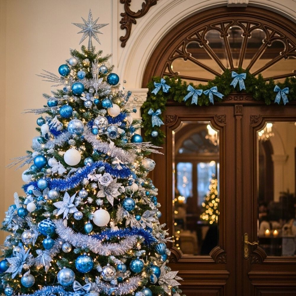 Elegant Christmas tree decorated with blue and silver ornaments, tinsel, and star topper, placed beside a grand doorway adorned with festive garlands.