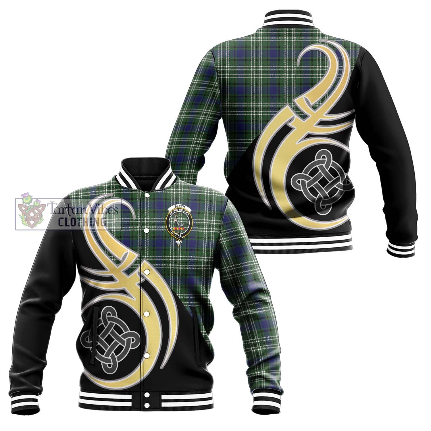 Blyth Tartan Baseball Jacket with Family Crest and Celtic Symbol Style Unisex - Tartan Vibes Clothing