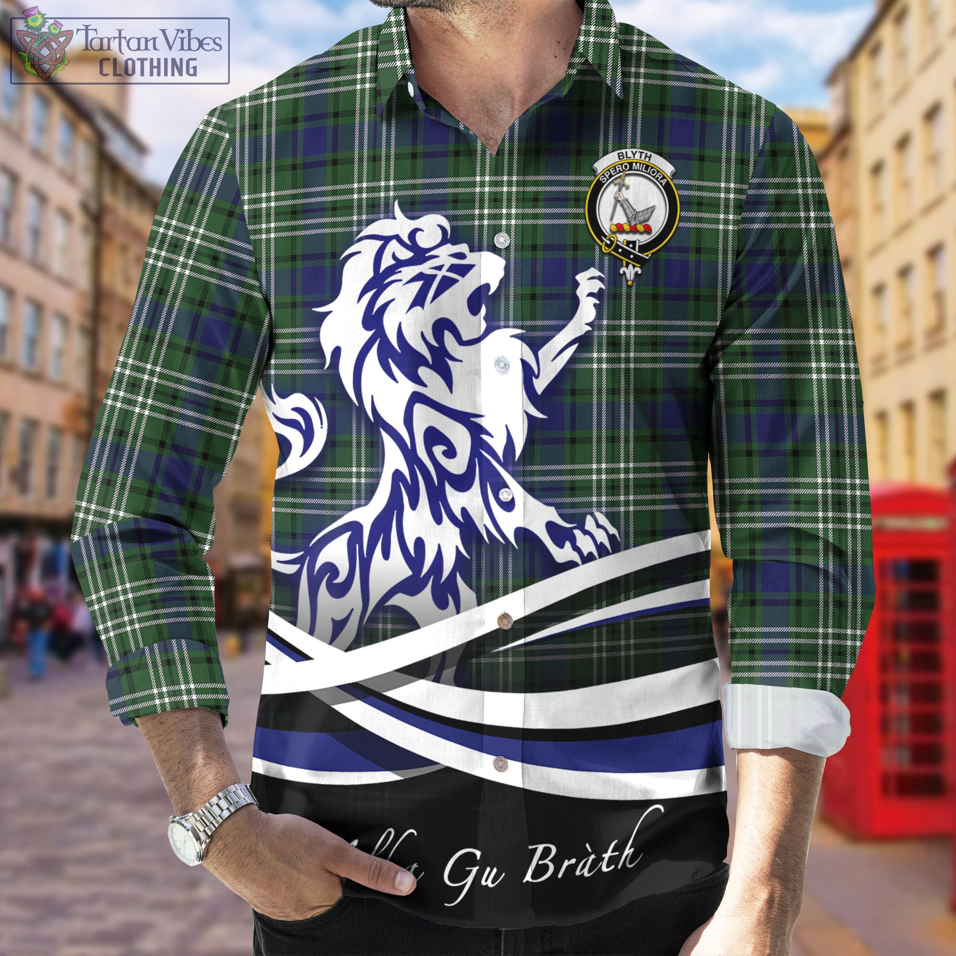 Blyth Tartan Long Sleeve Button Up Shirt with Alba Gu Brath Regal Lion Emblem Men's Shirt - Tartan Vibes Clothing