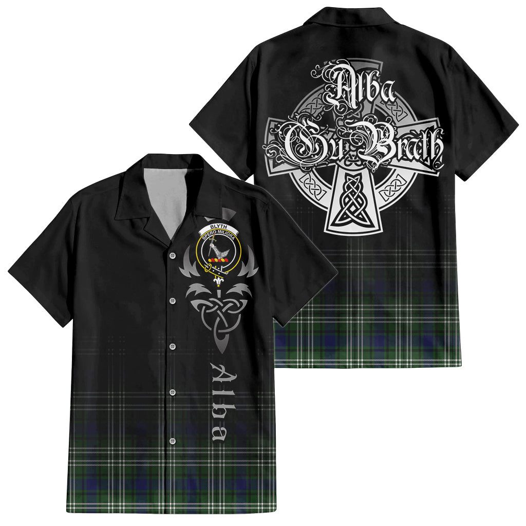 Tartan Vibes Clothing Blyth Tartan Short Sleeve Button Up Featuring Alba Gu Brath Family Crest Celtic Inspired