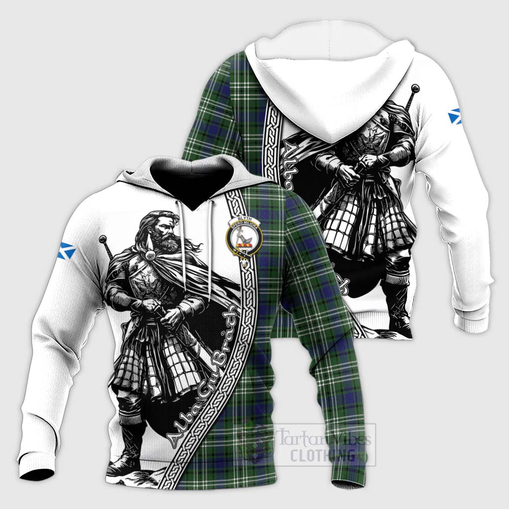 Blyth Tartan Clan Crest Knitted Hoodie with Highlander Warrior Celtic Style Unisex Knitted Pullover Hoodie - Tartan Vibes Clothing