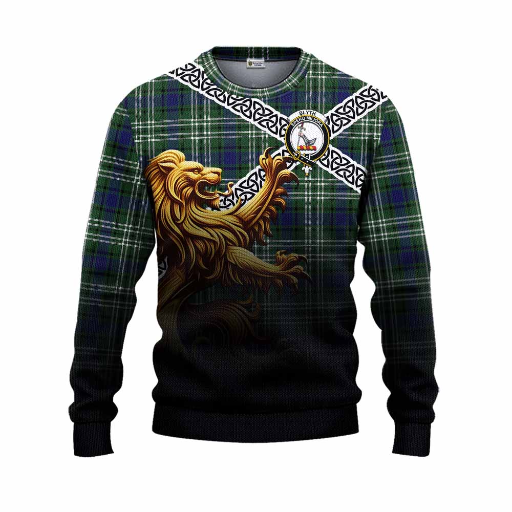 Blyth Crest Tartan Knitted Sweater with Golden Lion Emblem Celtic Style Unisex - Tartan Vibes Clothing