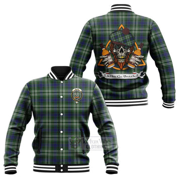 Blyth Tartan Baseball Jacket with Family Crest and Bearded Skull Holding Bottles of Whiskey Unisex - Tartan Vibes Clothing