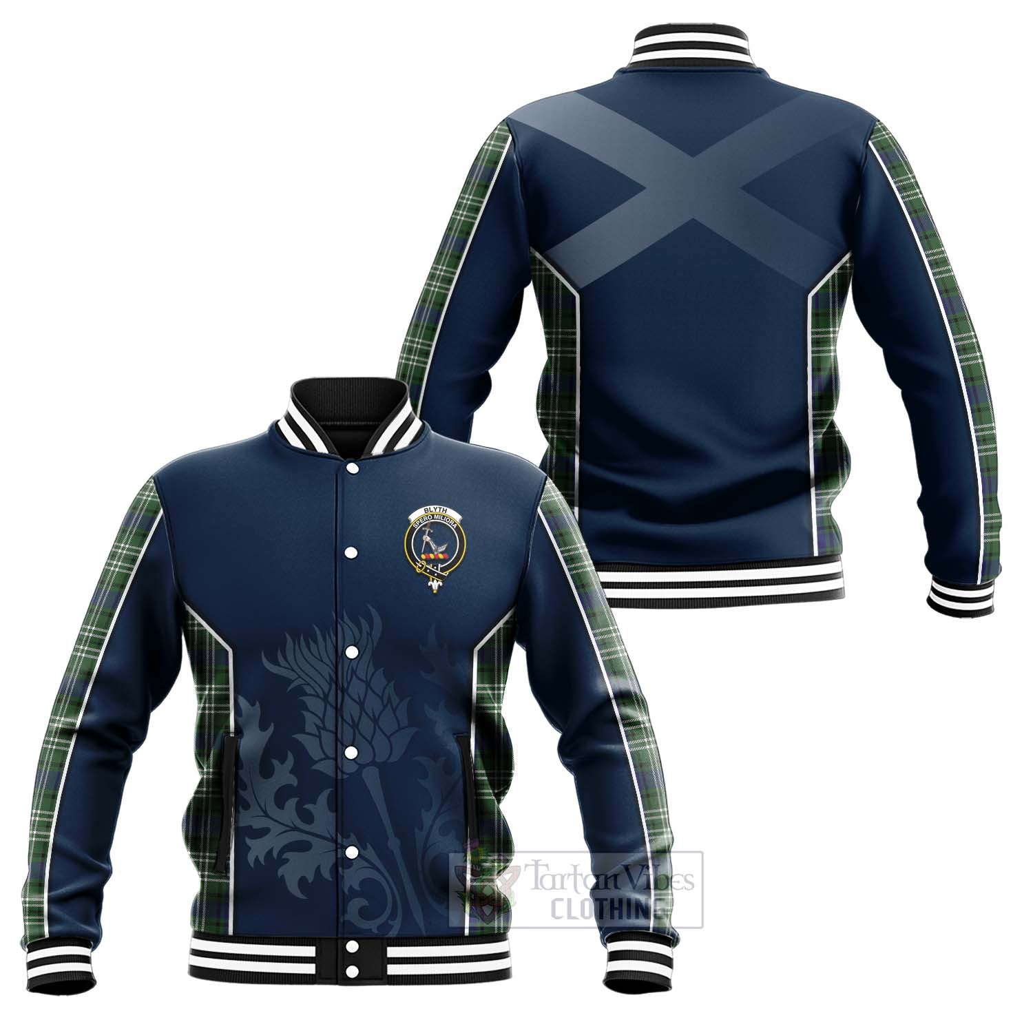 Blyth Tartan Baseball Jacket with Family Crest and Scottish Thistle Vibes Sport Style Unisex - Tartan Vibes Clothing