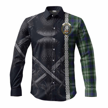 Tartan Vibes Clothing Blyth Tartan Long Sleeve Button Shirt with Family Crest Cross Sword Thistle Celtic Vibes